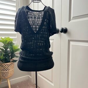 Loft Crochet V-Neck Black Short Flutter Sleeve Top Women’s Size XS